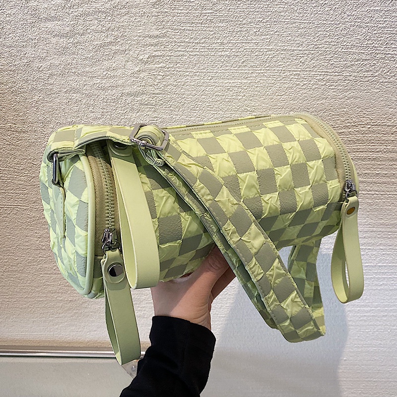 Túi đeo vai IELGY thiết kế hình trụ họa tiết sọc ca rô thời trang trẻ trung dành cho nữ