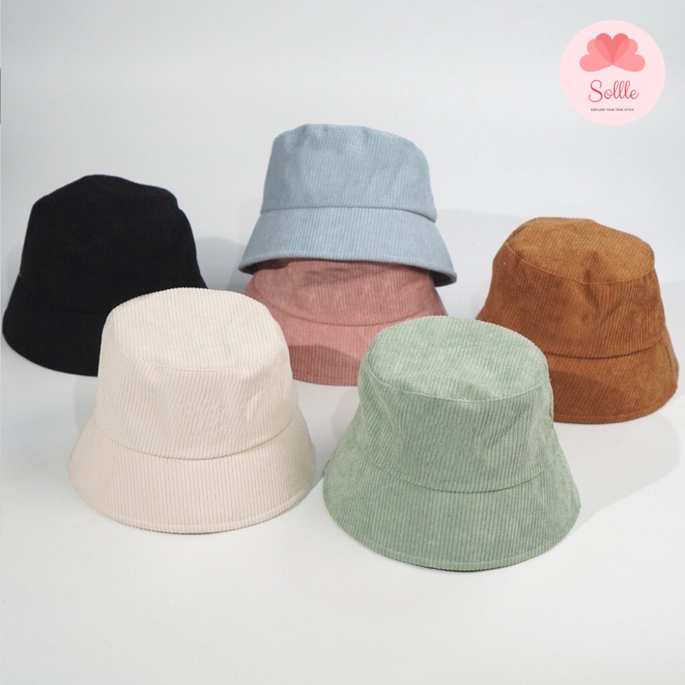 Mũ bucket vành cụp unisex nón tai bèo trơn nỉ nhung gân tăm nhiều màu nam nữ Sollle