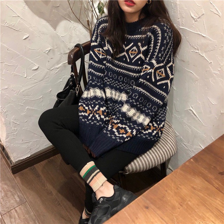 Áo len nữ form rộng dài tay dáng dài họa tiết kẻ caro to kiểu dáng ulzzang cổ tròn hàn quốc LADY QUẢNG CHÂU | BigBuy360 - bigbuy360.vn