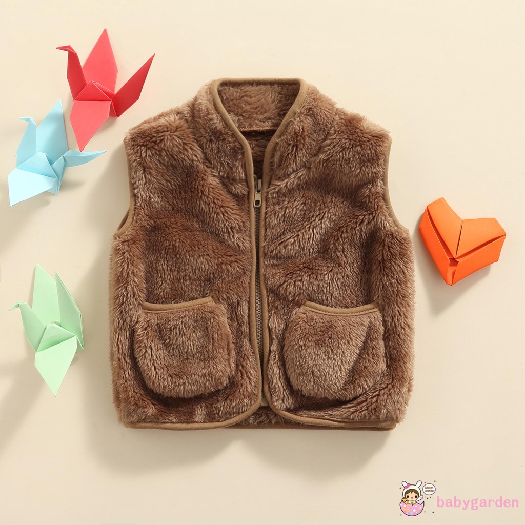 Áo khoác lông không tay cổ chữ V có túi và khóa kéo màu sắc trơn dành cho bé trai bé gái