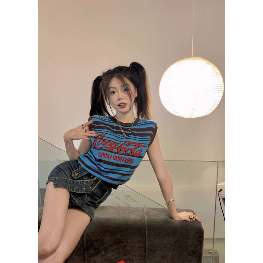 Áo Croptop Dệt Kim Sát Nách Kẻ Sọc In Chữ Kiểu Retro Thời Trang Mùa Hè Cho Nữ