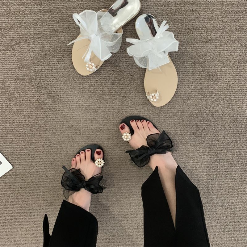 Giày Sandal Gót Thấp Hở Ngón Đính Nơ Phong Cách Thời Trang Xuân Hè Dành Cho Nữ