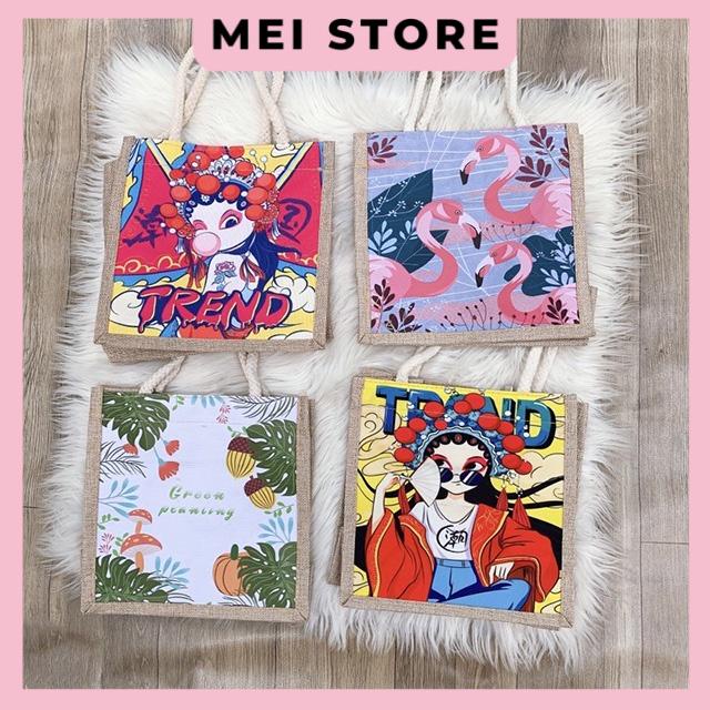 Túi Cói Mini Phong Cách VINTAGE In Hình Thời Trang, Đi Biển, Có Khoá Kéo