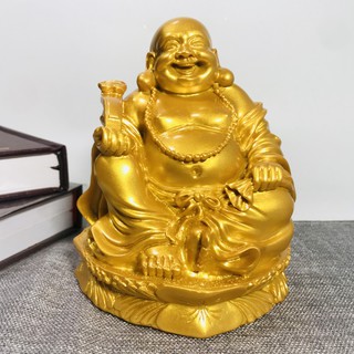 Tượng Ngài Di Lặc Bồ Tát ngồi cầm gậy như ý sơn đồng-nhũ vàng cao 13cm