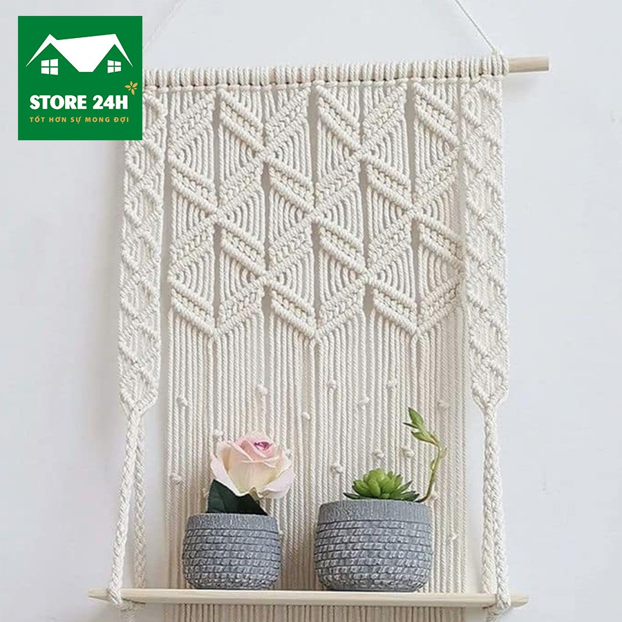 Kệ để sách Macrame nghệ thuật trang trí, chất liệu sợi cotton xoắn, vintage dùng cho phòng khách, quán cafe I Store 24h
