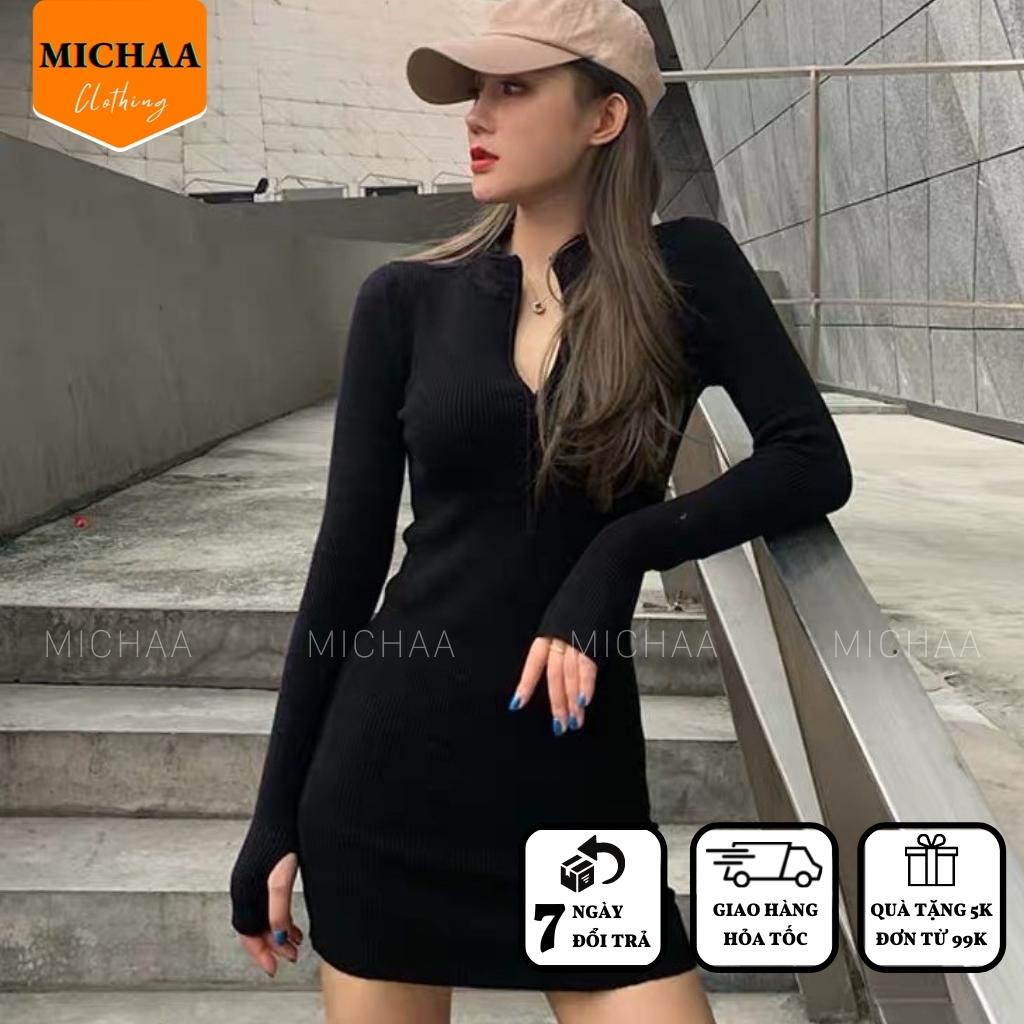 Váy Body PHỐI KHÓA KÉO Trước Cổ Chữ V, Đầm Ôm Thun Gân Kiểu Dài Tay - MICHAA