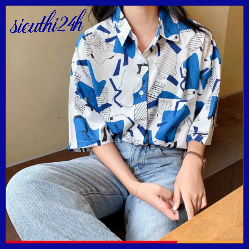 Áo sơ mi nữ form rộng tay lỡ, in Ô Vuông Xanh Trắng, dáng ulzzang mặc cặp, nhóm trẻ trung, sành điệu SMH.41