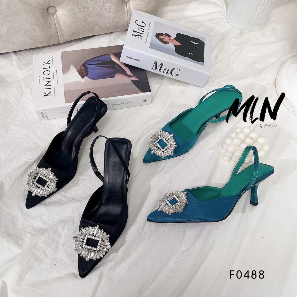 GIÀY CAO GÓT NỮ SLINGBACK GÓT NHỌN 5P BÍT MŨI SATIN PHỐI KHÓA ĐÁ TỦA F0488