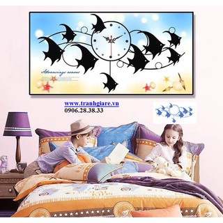 (ĐÃ ĐÍNH) Tranh đính đá thành phẩm ĐỒNG HỒ CÁ ĐẠI DƯƠNG 90X50cm DF2749