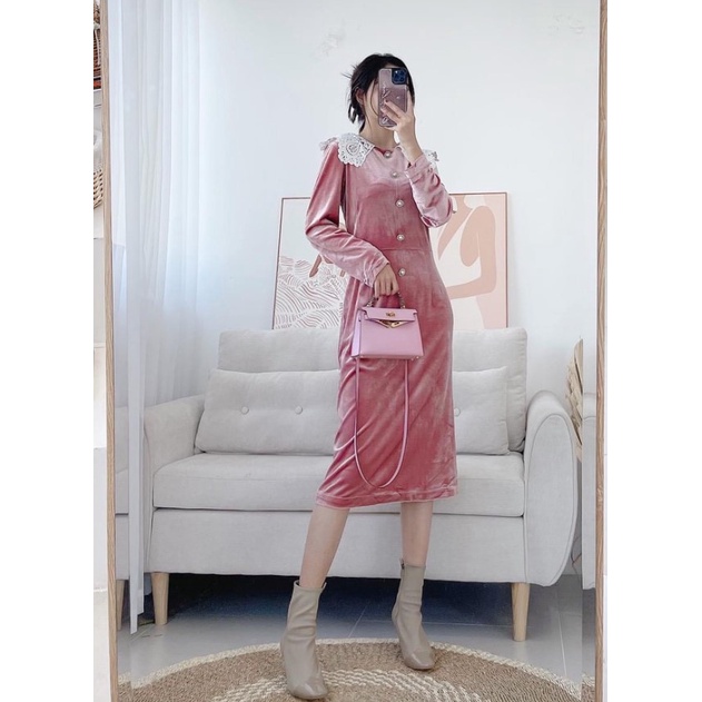 LIIN - Đầm nhung chữ A dáng dài phối cổ ren tiểu thư, sang chảnh | BigBuy360 - bigbuy360.vn