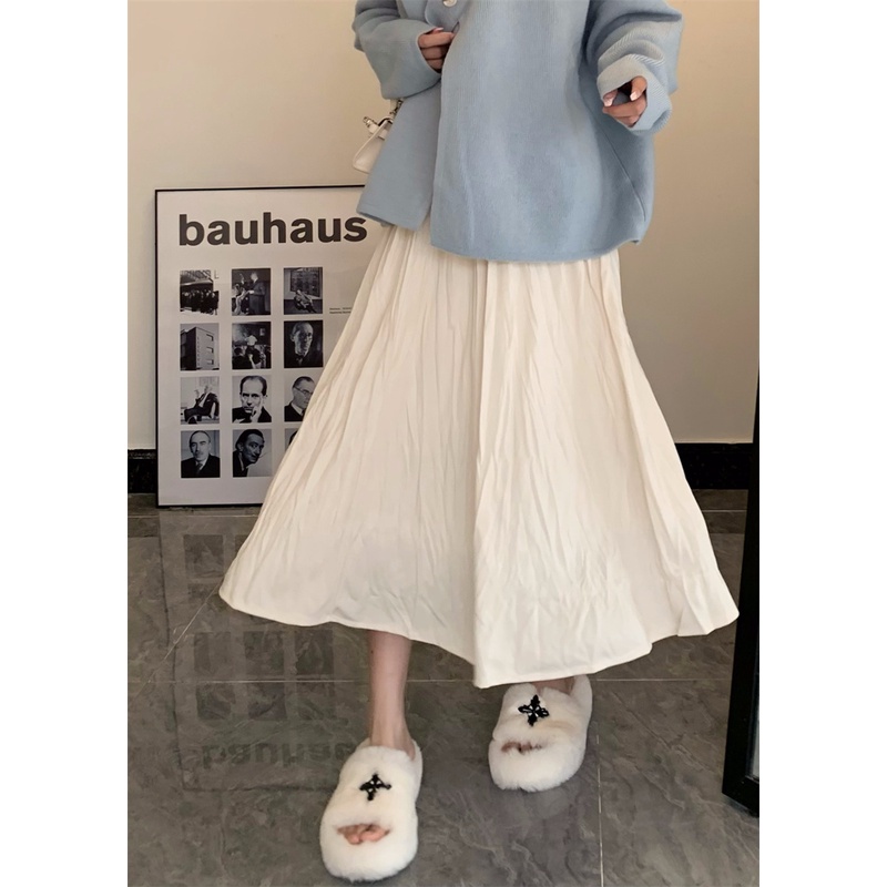 Chân Váy Dài Dáng Rộng Lưng Cao Xếp Ly Màu Trơn Thời Trang Hàn Quốc Xinh Xắn Cho Nữ