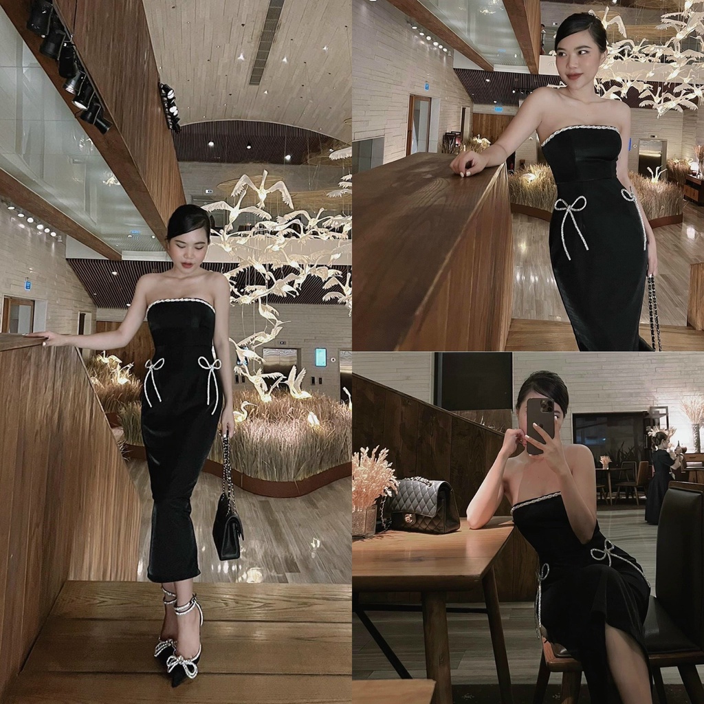 Đầm ống đen đính nơ eo💖 KÈM ẢNH THẬT