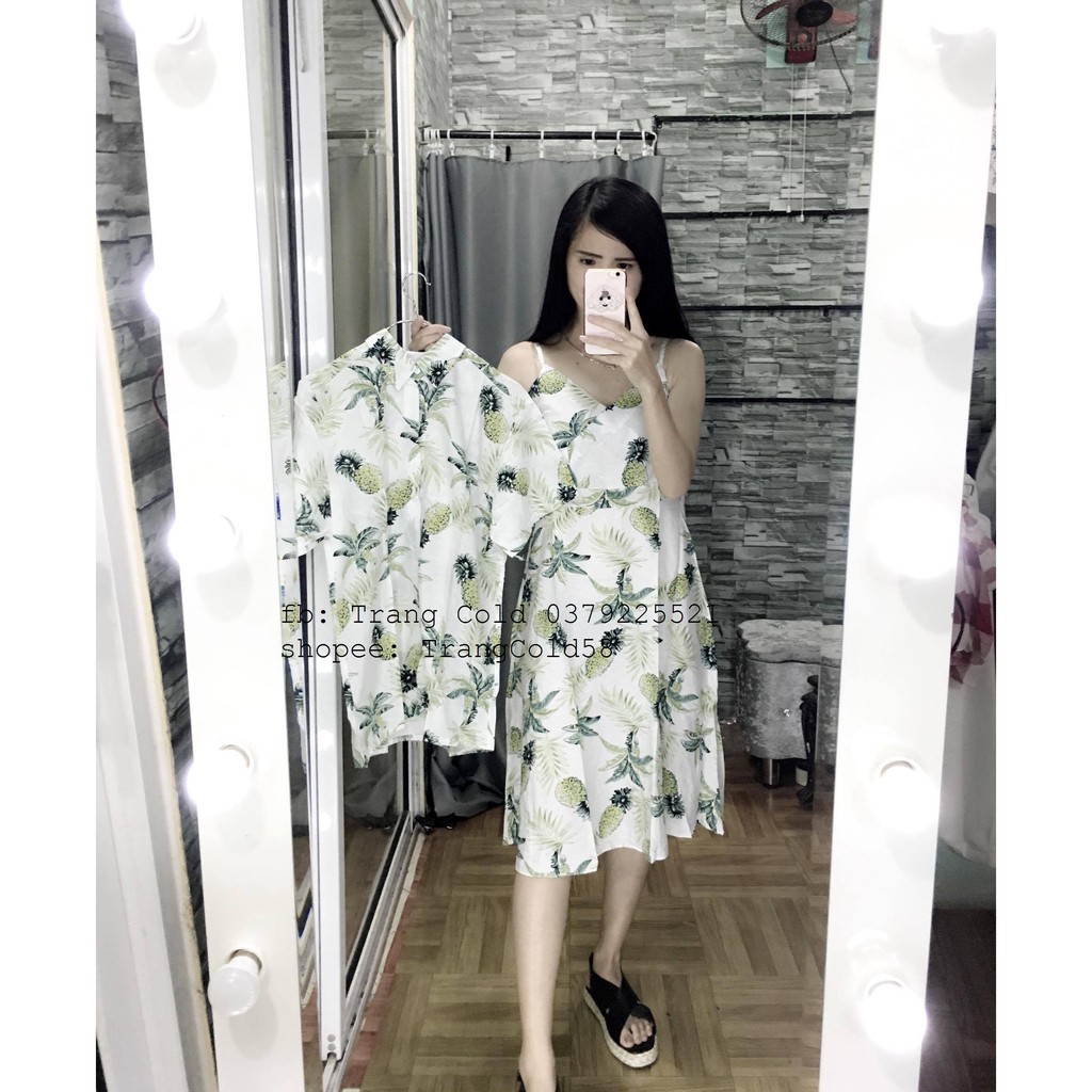 bộ đôi 1 váy+1 áo sơ mi nam đi chơi đi biển