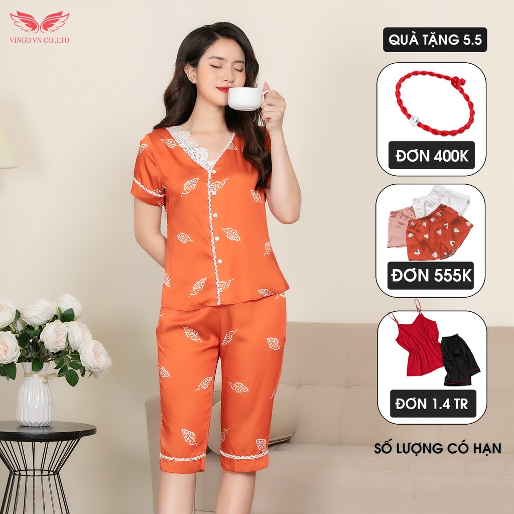 VINGO Bộ Pijama Mặc Nhà Nữ Lụa Pháp Cao Cấp Phối Viền Ren Tay Cộc Quần Lửng Họa Tiết Lá Tinh Tế H370 VNGO - TCQL