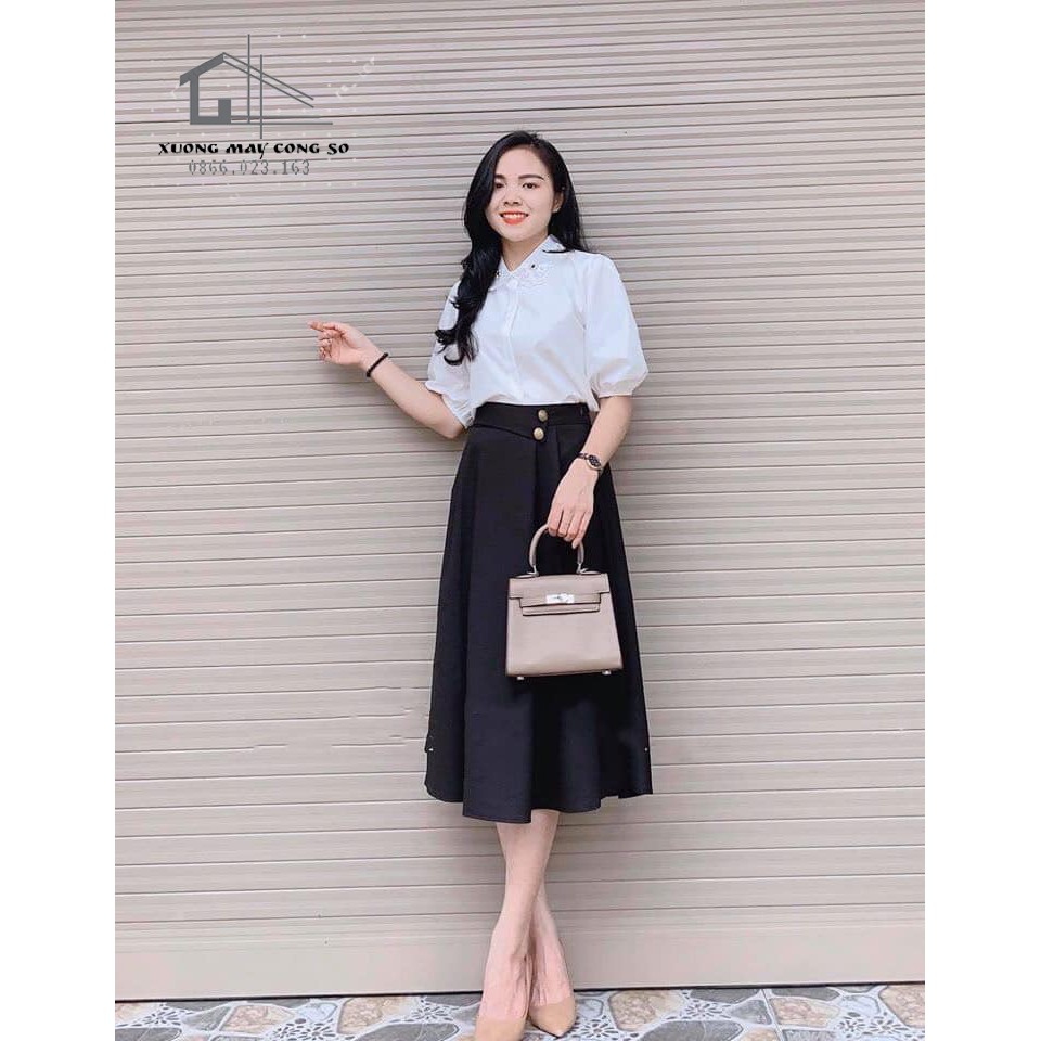 Chân váy công sở dáng xòe dài qua gối - Phối 2 cúc xếp ly - 2 màu Nâu Đen | BigBuy360 - bigbuy360.vn
