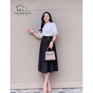 Chân váy công sở dáng xòe dài qua gối - Phối 2 cúc xếp ly - 2 màu Nâu Đen