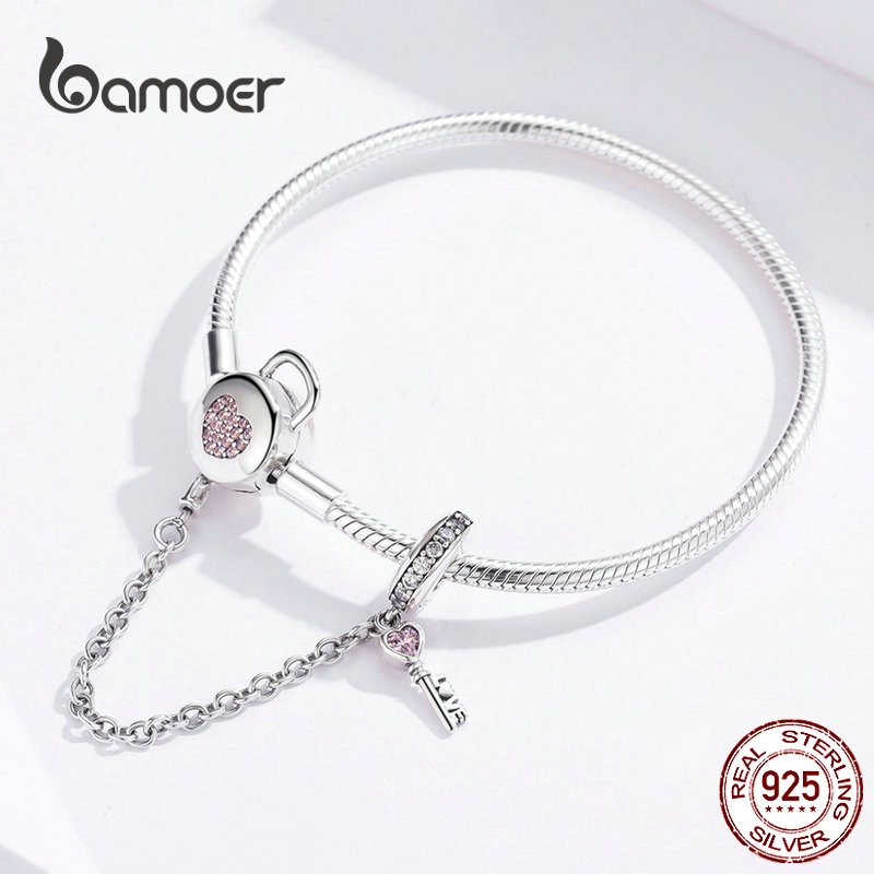 Vòng đeo tay BAMOER SCB143 bạc sterling 925 kiểu trái tim và chìa khóa thời trang