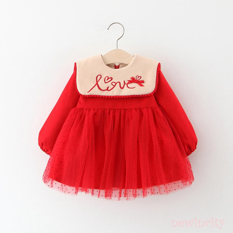 Đầm nhung phối lưới màu đỏ phong cách Hàn Quốc cho bé gái