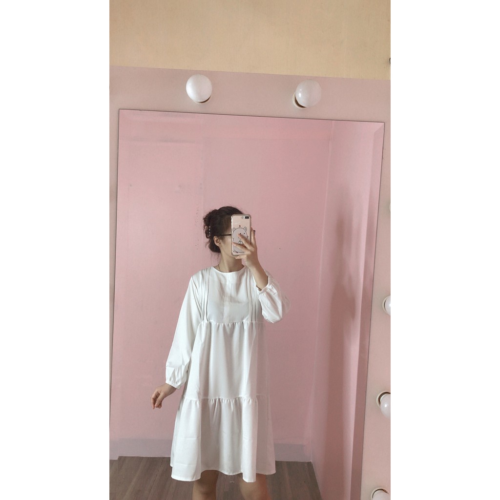 Đầm dài tay nữ xếp li ngực dáng suông phong cách ulzzang/ Váy babydoll dáng dài vintage tay bồng tiểu thư_ranstore