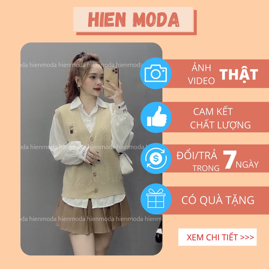 Áo len Gile nữ thêu huy hiệu , áo len sát nách cổ V 4 cúc phong cách Hàn Quốc