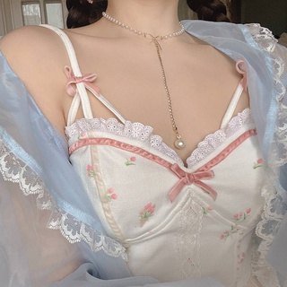 Korean version sweet spicy Style Lace Floral suspender vest sweet bow thin top