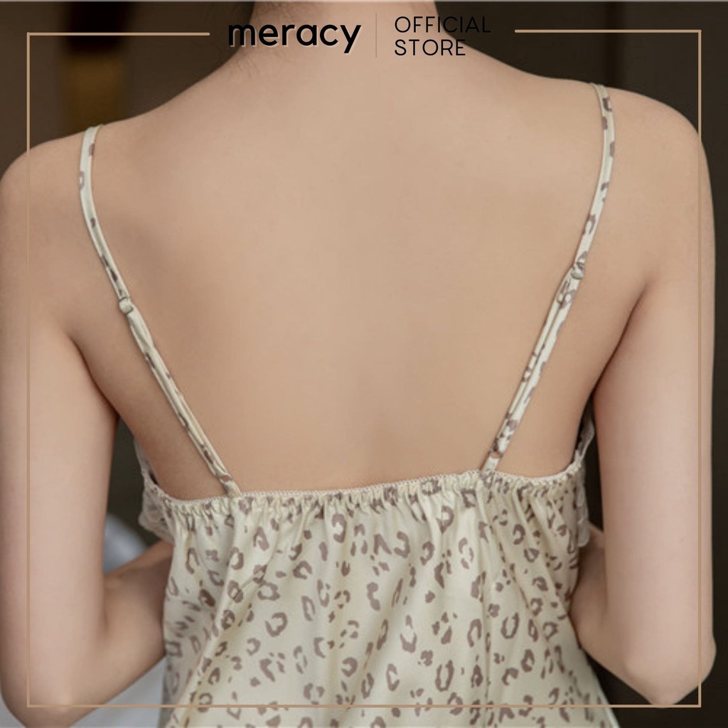 Váy ngủ lụa satin 2 dây nữ MERACY đầm ngủ lụa hai dây có mút ngực họa tiết da beo sexy M01-VN