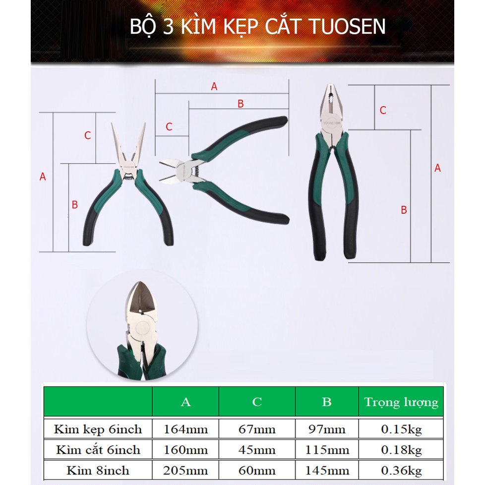 Bộ 3 Kìm kẹp, kìm mỏ nhọn, kềm bấm đa năng 6 inch, 8inch Tuosen