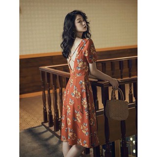 Đầm xòe midi hoa rút ngực hở lưng vintage - vn362101