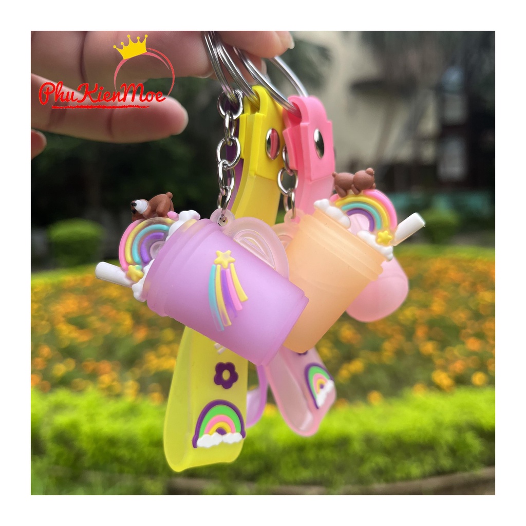 Móc chìa khoá hình trà sữa mini cầu vồng loại cao su cao cấp PhuKienMoe handmade, ibx để chọn màu