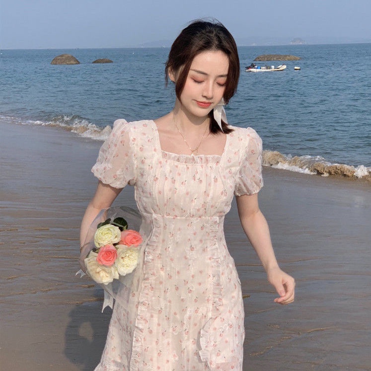 Đầm voan tay phồng in họa tiết hoa thời trang mùa hè mới cho nữ 2021
