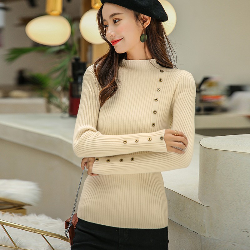 Áo len tay dài cổ cao phối nút thời trang mùa đông cho nữ