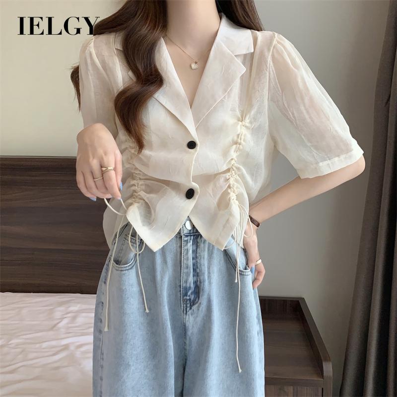 Áo sơ mi IELGY tay lửng cổ polo phối dây rút thời trang tùy chọn màu sắc dành cho nữ