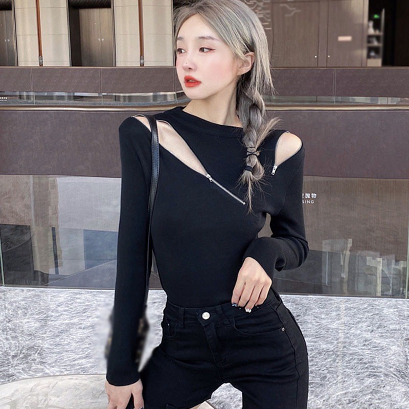 Áo Croptop Tay Dài Phối Khoá Kéo Thiết Kế Ôm Sát Tôn Dáng