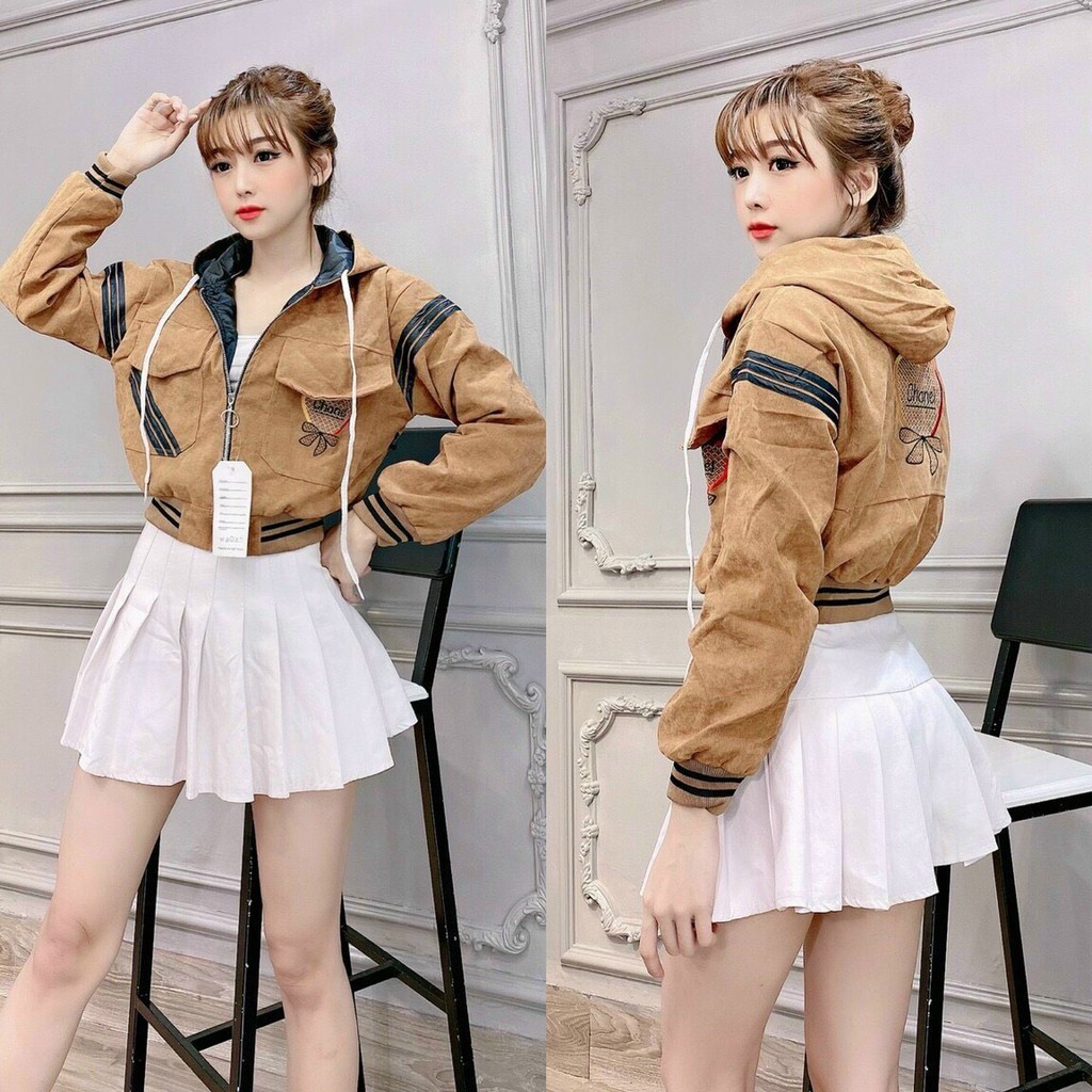 Áo khoác nữ Áo khoác nữ gió dù 2 lớp chống nắng phối viền sọc túi hộp ngộ nghĩnh-dễ thương