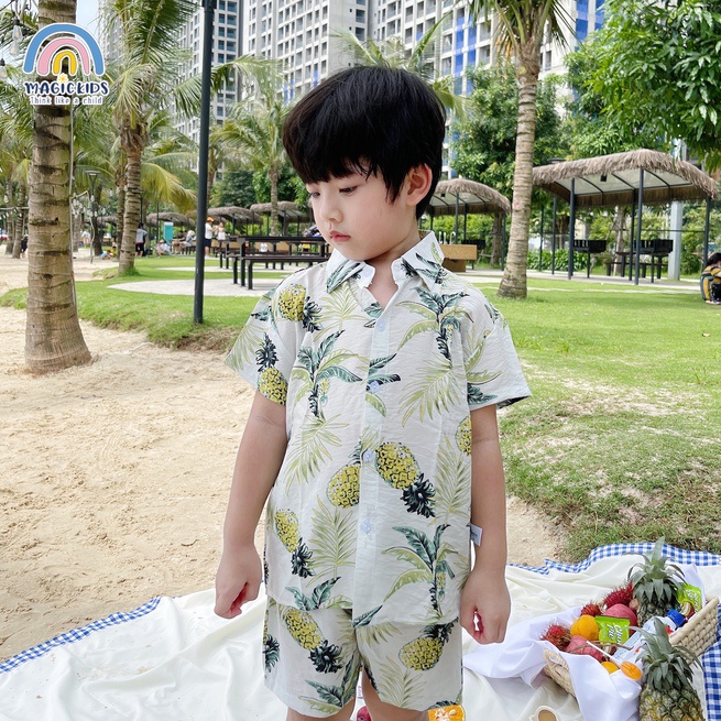 Đồ bộ đi biển bé trai bé gái 1 2 3 4 5 6 7 8 tuổi Magcikids Áo sơ mi quần đùi chất tơ đũi mềm mại Quần áo trẻ em BR22005