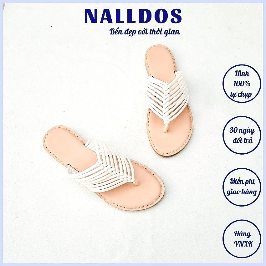Dép kẹp dây mảnh NALLDOS quai da cá tính và cách điệu đế thấp TPR chống trượt 3 màu thời trang (Đen, Trắng, Kem)