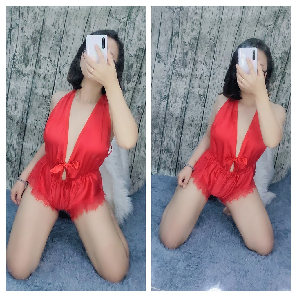 Đồ ngủ sexy { FREE SHIP } Jumsuit dạng cổ V khoét sâu hở lưng gợi cảm, Chất satin mịn mát phối ren mi. | BigBuy360 - bigbuy360.vn