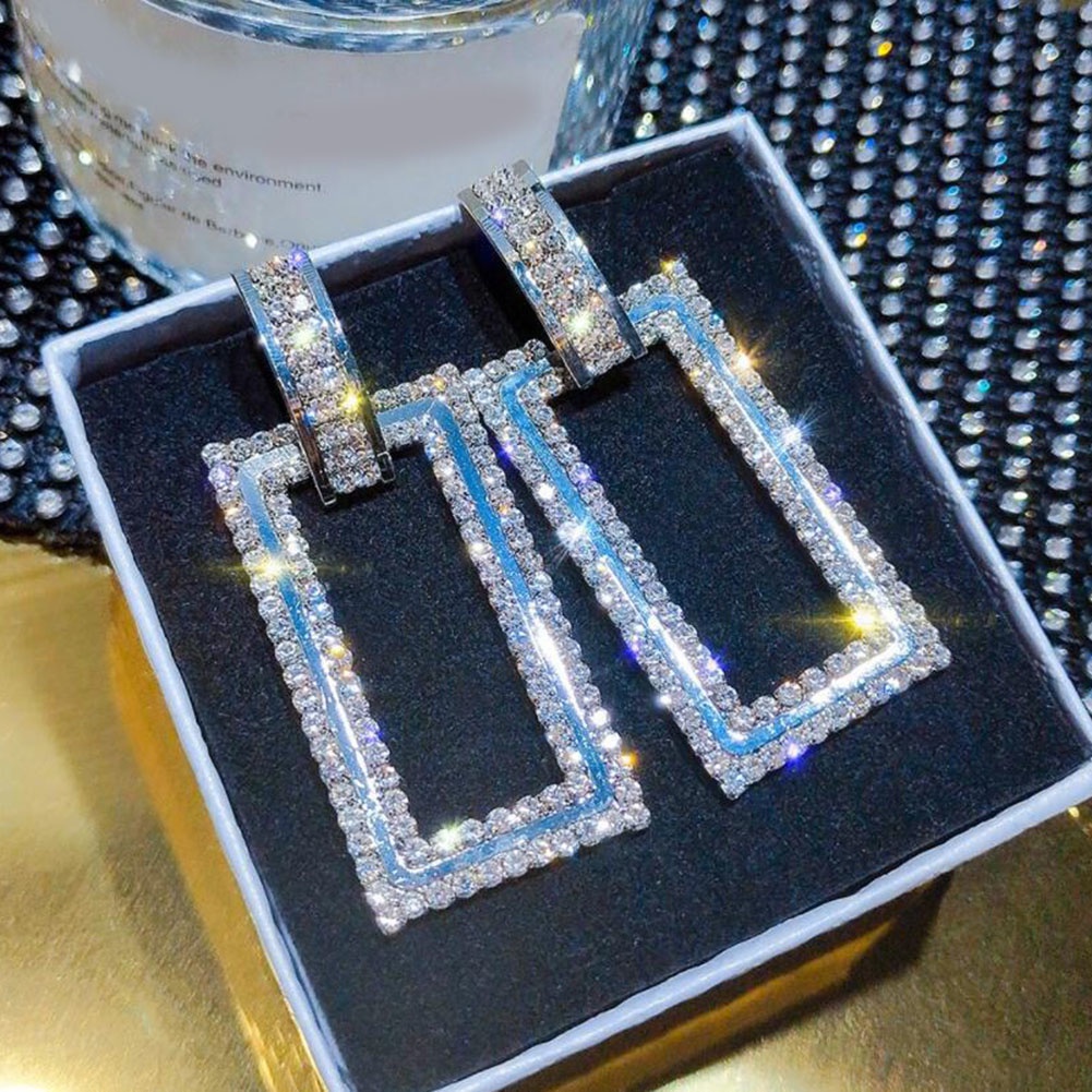 Đôi Bông Tai Dáng Dài Hình Chữ Nhật Đính Đá Lấp Lánh Cho Nữ