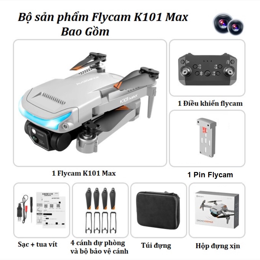 【Có Video Hướng Dẫn Cho Người Mới】 K101 Max Flycam Giá Rẻ, Camera Kép HD Với Cảm Biến Tránh Va Chạm, Mini Drone 2022
