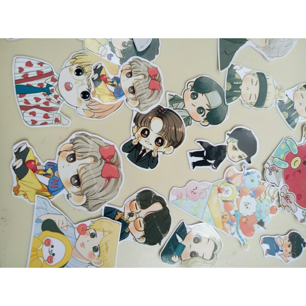 Sticker BTS chibi, cute, anime nhãn gián tổng hợp hình nhóm BTS, BT21 trang trí sổ, vở...