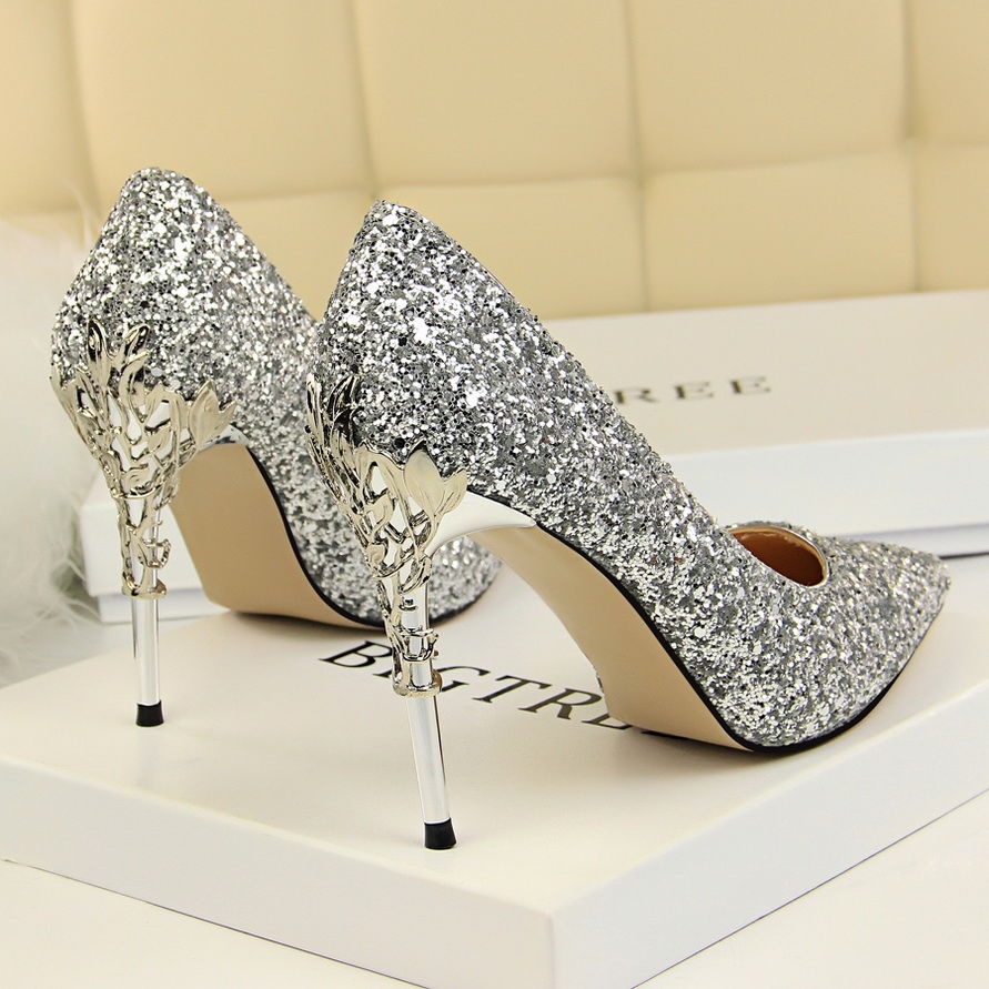 2021 New Crystal Sequined Bridal Wedding Shoes Silver High Heels Women's Stiletto Heel All-Match Pointed Dress Pumps