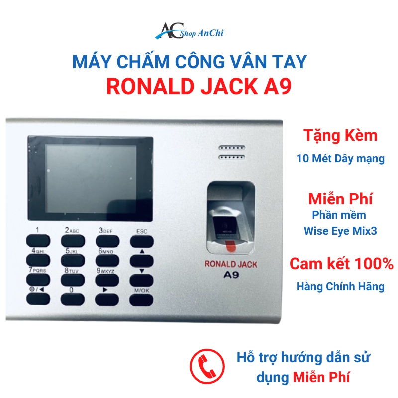 [ CHÍNH HÃNG ] Máy chấm công vân tay Ronald Jack A9 - Phần mềm Tiếng Việt Wise Eye Mix 3 Online