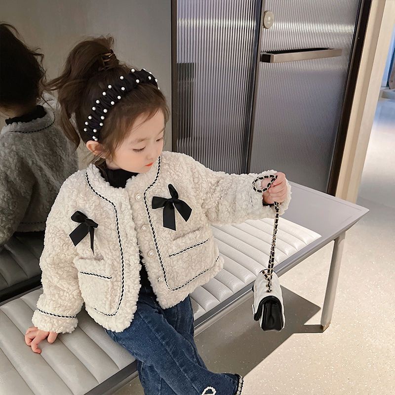 Áo Khoác Lông Cừu Phối Nhung Đính Nơ Thời Trang Mới Cho Bé Gái