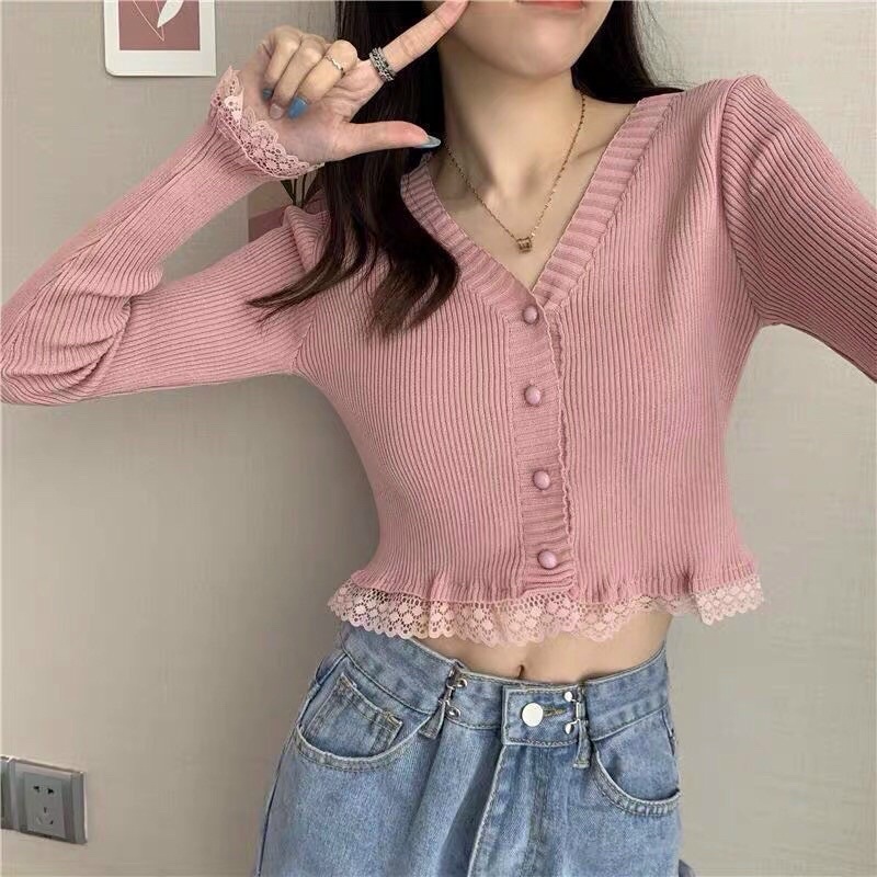 Áo len tăm chân ren cài khuy dáng cadigan dài tay