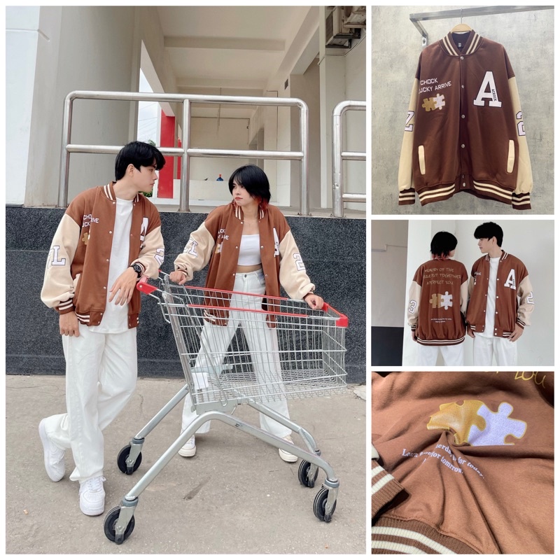Áo khoác bomber chữ A logo màu nâu form rộng unisex
