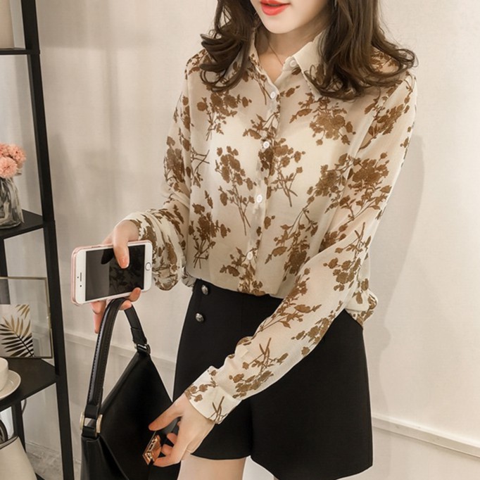 Áo sơ mi chất liệu voan tay dài họa tiết hoa thời trang | BigBuy360 - bigbuy360.vn