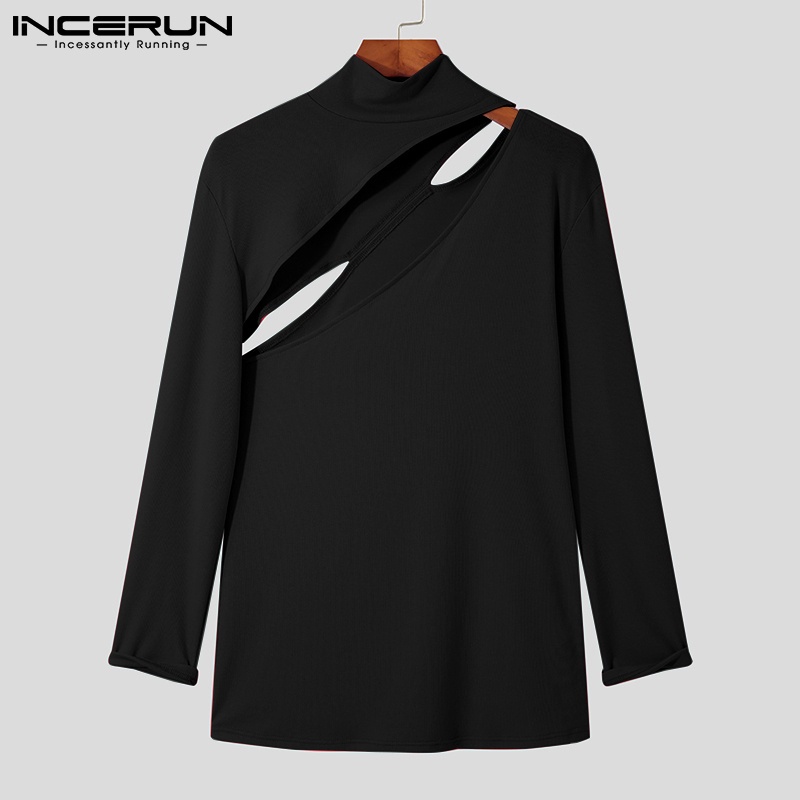 Áo INCERUN tay dài họa tiết khoét rỗng co giãn màu trơn thời trang thường ngày cho nam