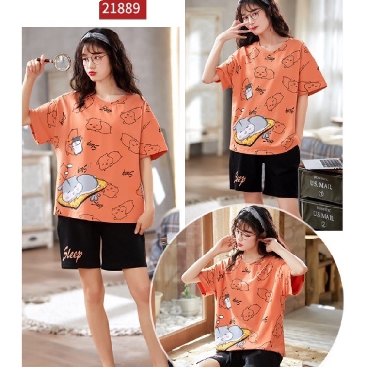 set bộ short mặc nhà ngủ big size cam phối đen hình mèo size 65-75kg