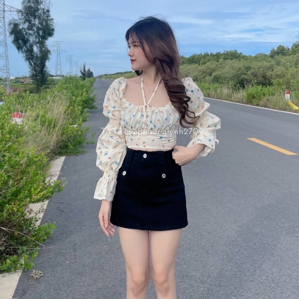 Áo kiểu hoa nhí , áo bẹt vai tay bồng , chân váy kèm đai co giãn PLA72