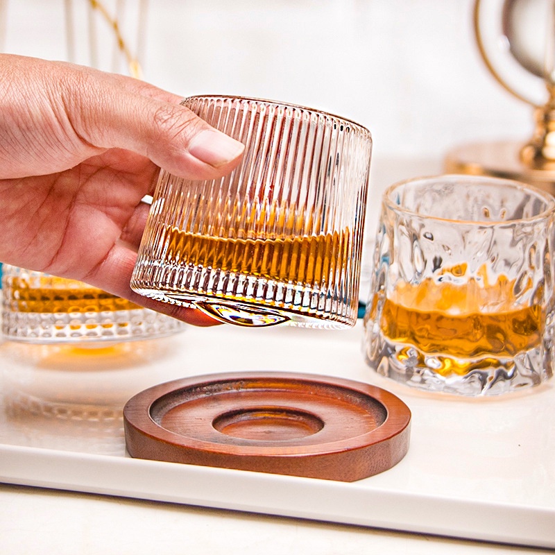 Cốc thủy tinh đế gỗ xoay tròn sang trọng tinh tế dùng để uống rượu, tiệc tùng, trang trí nhà cửa, bộ quà tặng-Ráp